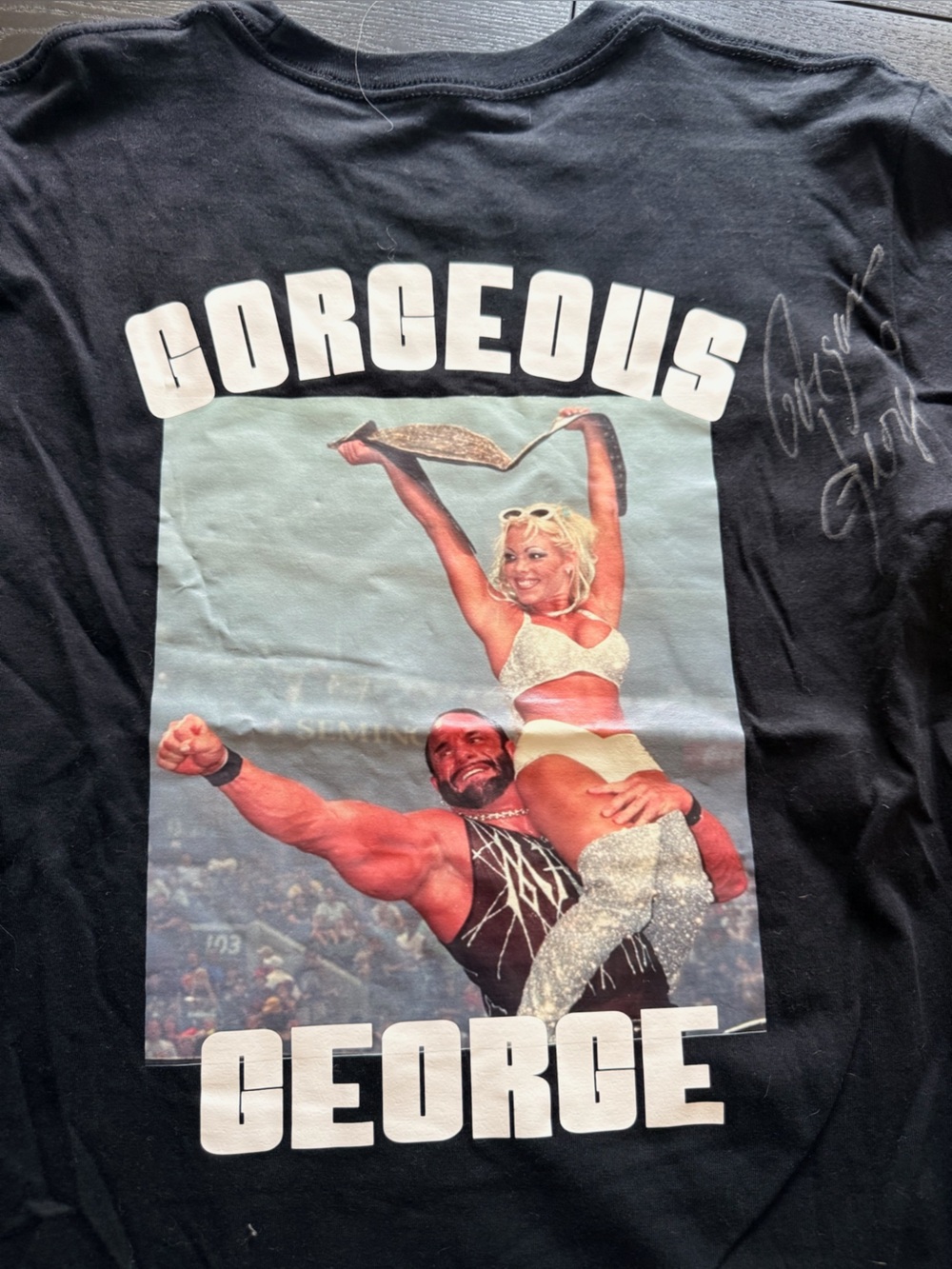 Macho Man & 'Gorgeous George' signed by Gorgeous Men's Tee- 90s Wrestling
